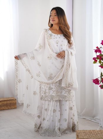 DESIGNER GEORGETTE THREAD SEQUENCE WORK TOP SHARARA WITH DUPATTA WHITE