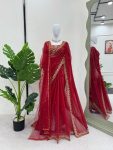 DESIGNER  GEORGETTE THREAD WITH SEQUENCE WORK SAREE WITH UNSTITCHED BLOUSE AND DUPATTA  RED