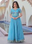 DESIGNER GOLD CRUSH MULTI THREAD EMBROIDERY ZARI SEQUENCE WORK GOWN SKY