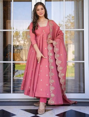 DESIGNER GOLD CRUSH SILK EMBROIDERY SEQUENCE WORK GOWN BOTTOM WITH DUPATTA BABY PINK