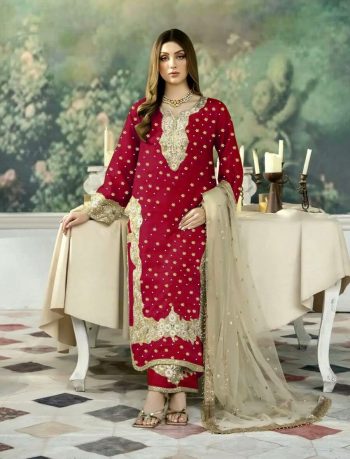 DESIGNER JIMMY CHOO EMBROIDERY SEQUENCE WORK TOP PALAZZO WITH DUPATTA RED
