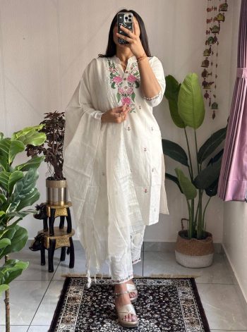 DESIGNER KHADI COTTON EMBROIDERY WORK TOP BOTTOM WITH DUPATTA OFF WHITE