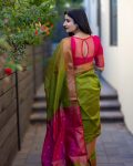 DESIGNER LICHI SILK JACQUARD WEAVING WORK SAREE WITH UNSTITCHED BLOUSE PARTY WEAR WHOLESALE PRICE ETHNIC GARMENT (2)
