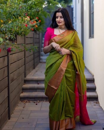 DESIGNER LICHI SILK JACQUARD WEAVING WORK SAREE WITH UNSTITCHED BLOUSE PARROT GREEN