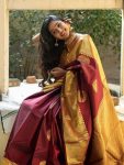 DESIGNER LITCHI SILK GOLDEN ZARI WEAVING  WORK SAREE WITH UNSTITCHED BLOUSE  MAROON