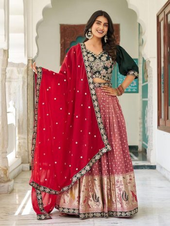 DESIGNER MONO SILK EMBROIDERY SEQUENCE WORK WITH THREAD WORK LEHENGA CHOLI WITH DUPATTA PINK