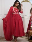 DESIGNER MUSLIN COTTON EMBROIDERY WORK TOP BOTTOM WITH DUPATTA  RED