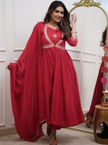 DESIGNER MUSLIN COTTON EMBROIDERY WORK TOP BOTTOM WITH DUPATTA  RED