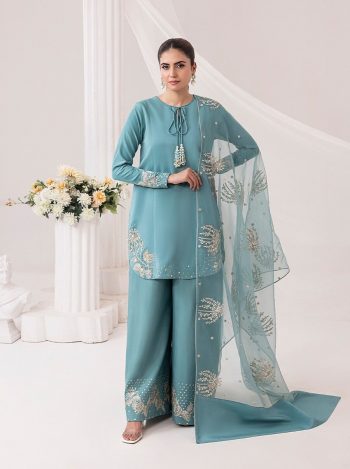 DESIGNER NATURAL CREEP EMBROIDERY SEQUENCE WORK TOP PALAZZO WITH DUPATTA SKY