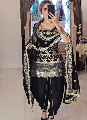 DESIGNER NATURAL CREEP SILK EMBROIDERY SEQUENCE WORK TOP DHOTI WITH DUPATTA  BLACK