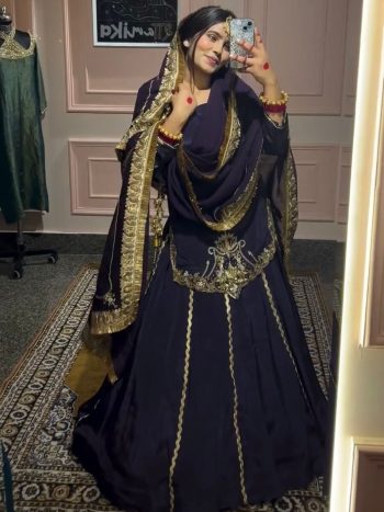 DESIGNER NATURAL CREEP SILK EMBROIDERY SEQUENCE WORK WITH BEADS WORK TOP LEHENGA WITH DUPATTA NAVY BLUE