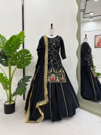 DESIGNER NATURAL CREPE BEADS THREAD SEQUENCE WORK TOP LEHENGA WITH DUPATTA BLACK