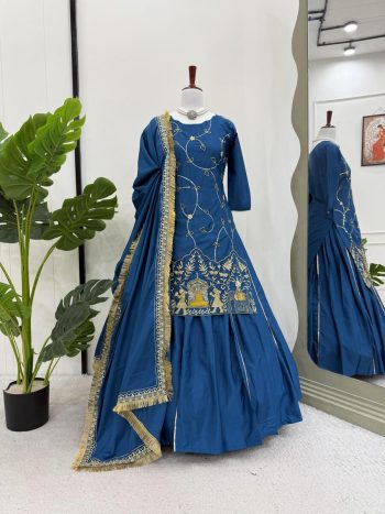 DESIGNER NATURAL CREPE BEADS THREAD SEQUENCE WORK TOP LEHENGA WITH DUPATTA BLUE