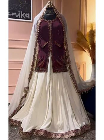 DESIGNER NATURAL CREPE SILK  EMBROIDERY SEQUENCE BEADS HANDWORK TOP LEHENGA WITH DUPATTA WINE