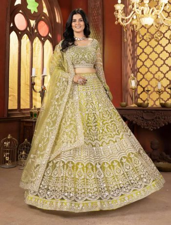 DESIGNER NET EMBROIDERY SEQUENCE DESIGN WORK LEHENGA CHOLI WITH DUPATTA  LEMON