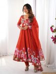 DESIGNER ORGANZA SILK PRINT WORK WITH ZARI FLOWER OUTING WORK GOWN PANT WITH DUPATTA ORANGE