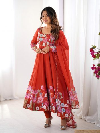 DESIGNER ORGANZA SILK PRINT WORK WITH ZARI FLOWER OUTING WORK GOWN PANT WITH DUPATTA ORANGE