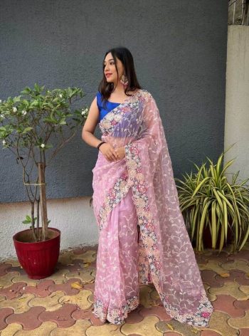 DESIGNER ORGANZA SILK THREAD AND SEQUENCE WORK SAREE WITH UNSTITCHED BLOUSE BEBY PINK