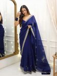 DESIGNER ORGANZA SILK THREAD AND SEQUENCE WORK WITH DIAMOND WORK SAREE WITH UNSTITCHED BLOUSE PARTY WEAR WHOLESALE PRICE ETHNIC GARMENT (3)