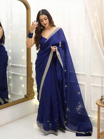 DESIGNER ORGANZA SILK THREAD AND SEQUENCE WORK WITH DIAMOND WORK SAREE WITH UNSTITCHED BLOUSE NAVY BLUE