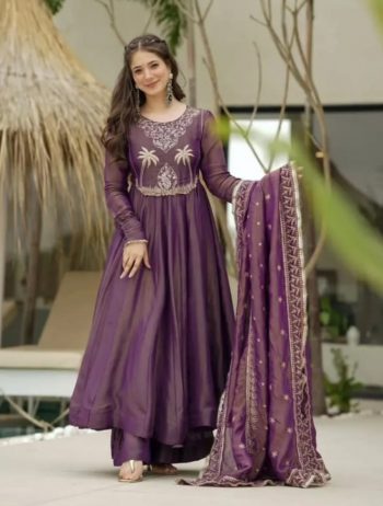 DESIGNER PV-SILK CHANDERI EMBROIDERY WORK TOP BOTTOM WITH DUPATTA WINE