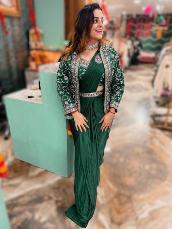 DESIGNER RANGOLI SILK EMBROIDERY BUTTA WORK READY TO WEAR SAREE WITH FULLY STITCHED BLOUSE KOTI AND WAITST BELT GREEN
