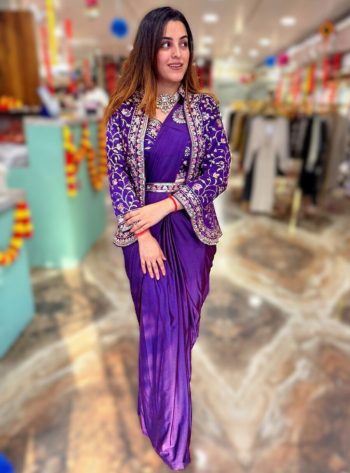 DESIGNER RANGOLI SILK EMBROIDERY BUTTA WORK READY TO WEAR SAREE WITH FULLY STITCHED BLOUSE KOTI AND WAITST BELT  PURPLE