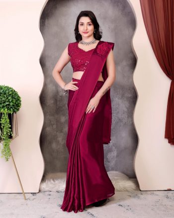 DESIGNER RANGOLI SILK EMGBROIDERY SEQUENCE WORK READY TO WEAR SAREE WITH STITCHED BLOUSE RED