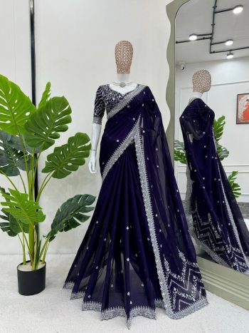 DESIGNER RANGOLI SILK THREAD AND SEQUENCE WORK SAREE WITH UNSTITCHED BLOUSE PURPLE