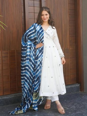 DESIGNER RAYON COTTON ZARI EMBROIDERED WORK GOWN BOTTOM WITH DUPATTA  WHITE