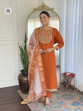 DESIGNER RAYON EMBROIDERY WORK TOP BOTTOM WITH DUPATTA ORANGE