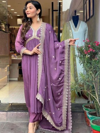 DESIGNER ROMAN SILK EMBROIDERY SEQUENCE ALIA CUT TOP BOTTOM WITH DUPATTA LAVENDER