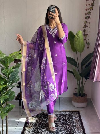 DESIGNER ROMAN SILK EMBROIDERY WITH SEQUENCE WORK TOP BOTTOM WITH DUPATTA PURPLE