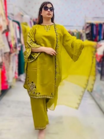 DESIGNER ROMAN SILK EMBROIDERY WORK TOP PALAZZO WITH DUPATTA PARROT GREEN