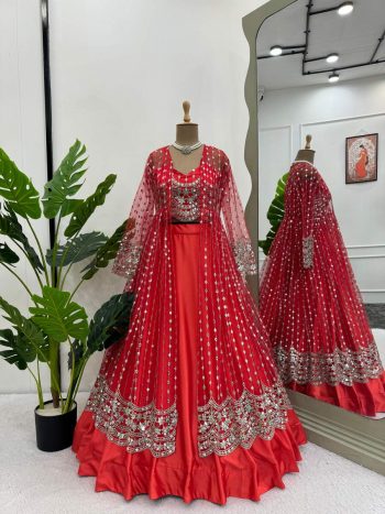 DESIGNER SATIN THREAD WITH SEQUENCE WORK LEHENGA CHOLI WITH KOTI RED