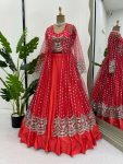 DESIGNER SATIN THREAD WITH SEQUENCE WORK LEHENGA CHOLI WITH KOTI PARTY WEAR WHOLESALE PRICE ETHNIC GARMENT (3)