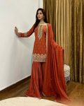 DESIGNER SHIMMER SILK EMBROIDERY SEQUENCE WORK TOP SHARARA WITH DUPATTA PARTY WEAR WHOLESALE PRICE ETHNIC GARMENT (5)