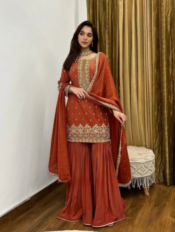 DESIGNER SHIMMER SILK EMBROIDERY SEQUENCE WORK TOP SHARARA WITH DUPATTA ORANGE