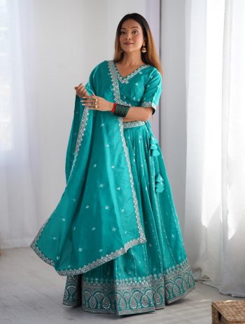 DESIGNER SHIMMER SILK THREAD AND SEQUENCE WORK LEHENGA CHOLI WITH DUPATTA  SKY
