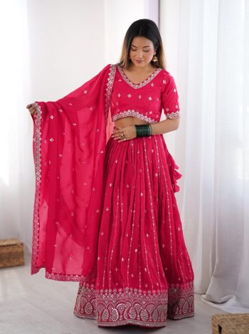 DESIGNER SHIMMER SILK THREAD AND SEQUENCE WORK LEHENGA CHOLI WITH DUPATTA  RANI