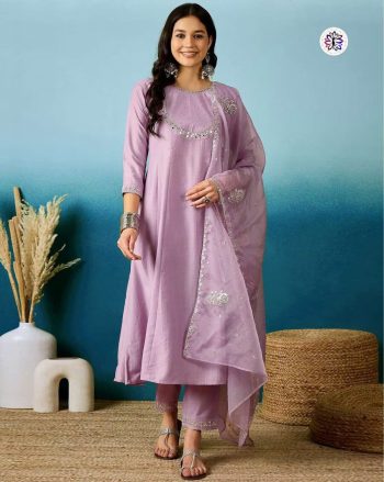DESIGNER SILK BLEND EMBROIDERY WORK TOP BOTTOM WITH DUPATTA LAVENDER