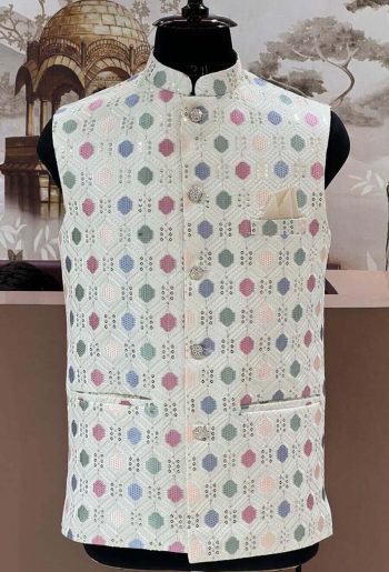 DESIGNER SILK EMBROIDERY SEQUENCE WORK MEN'S JACKET WHITE