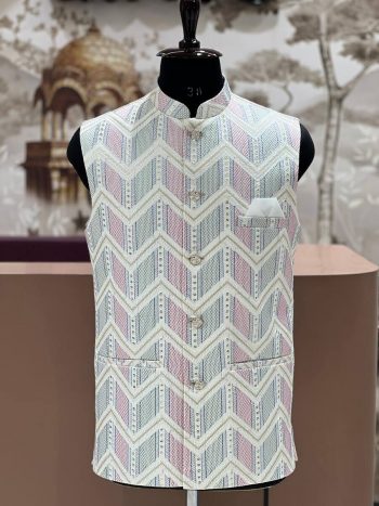 DESIGNER SILK EMBROIDERY SEQUENCE WORK MEN'S JACKET WHITE