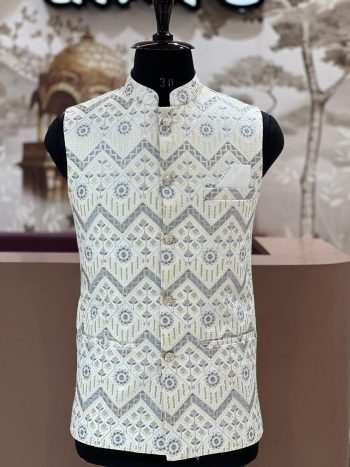 DESIGNER SILK EMBROIDERY SEQUENCE WORK MEN'S JACKET WHITE