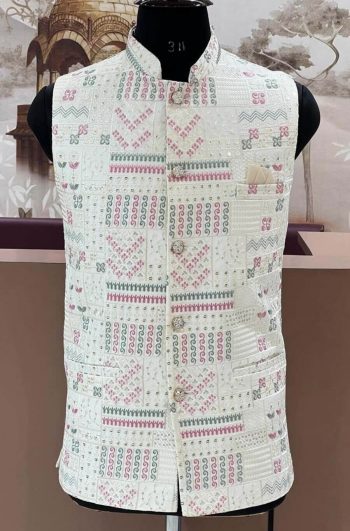DESIGNER SILK EMBROIDERY SEQUENCE WORK MEN'S JACKET WHITE