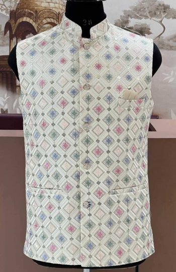 DESIGNER SILK EMBROIDERY SEQUENCE WORK MEN'S JACKET WHITE