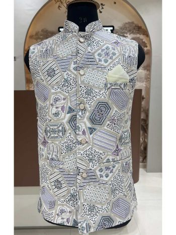 DESIGNER SILK EMBROIDERY SEQUENCE WORK MEN'S KOTI WHITE