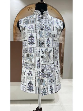 DESIGNER SILK EMBROIDERY SEQUENCE WORK MEN'S KOTI  WHITE