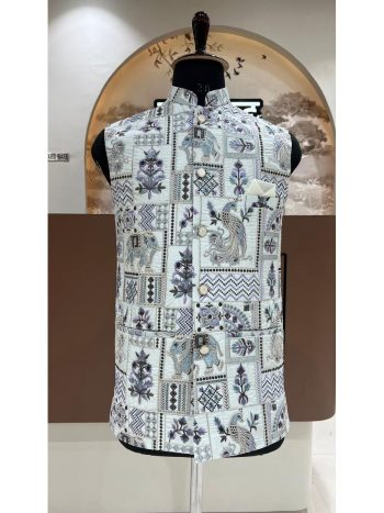 DESIGNER SILK EMBROIDERY SEQUENCE WORK MEN'S KOTI WHITE
