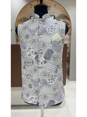 DESIGNER SILK EMBROIDERY SEQUENCE WORK MEN'S KOTI  WHITE